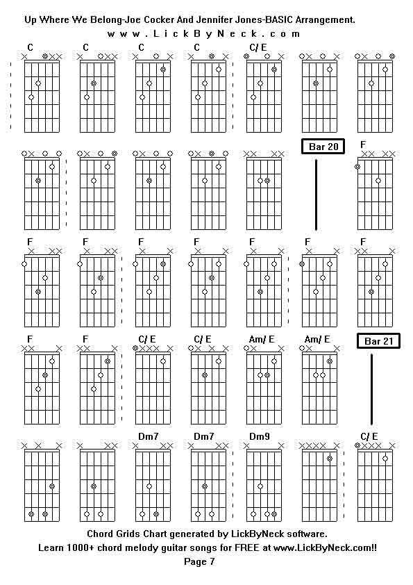 Chord Grids Chart of chord melody fingerstyle guitar song-Up Where We Belong-Joe Cocker And Jennifer Jones-BASIC Arrangement,generated by LickByNeck software.